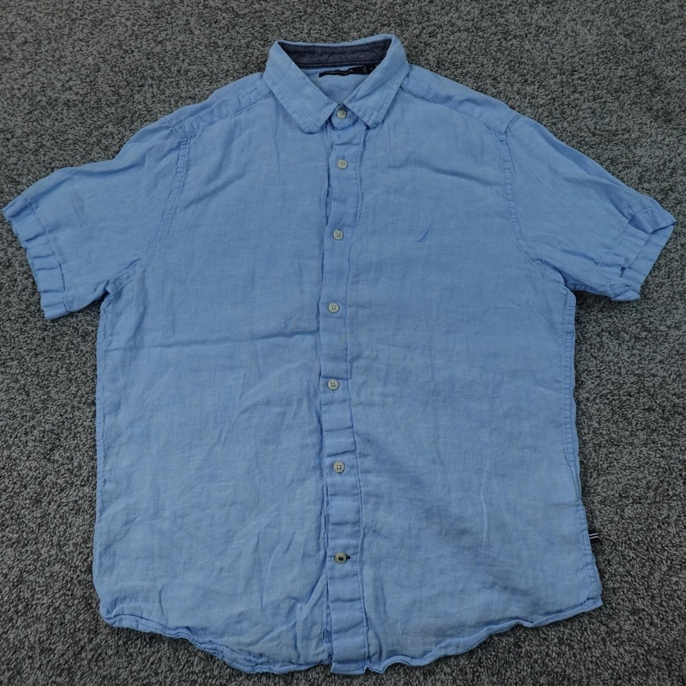 Nautica Shirt Mens M Blue Linen Chambray Short Sleeve Button Up Casual Summer